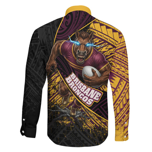 Brisbane Broncos Rugby Family Matching Long Sleeve Bodycon Dress and Hawaiian Shirt Tribal Polynesian Power Art - Lightning Mascot