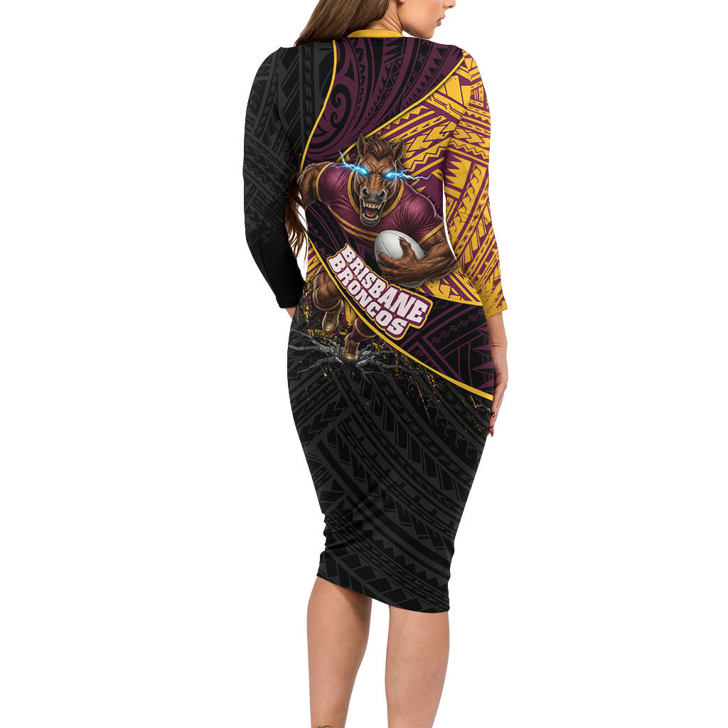 Brisbane Broncos Rugby Family Matching Long Sleeve Bodycon Dress and Hawaiian Shirt Tribal Polynesian Power Art - Lightning Mascot