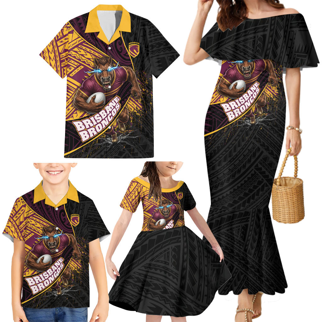 Brisbane Broncos Rugby Family Matching Mermaid Dress and Hawaiian Shirt Tribal Polynesian Power Art - Lightning Mascot