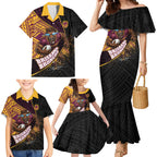 Brisbane Broncos Rugby Family Matching Mermaid Dress and Hawaiian Shirt Tribal Polynesian Power Art - Lightning Mascot