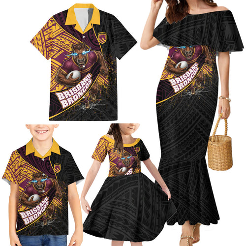 Brisbane Broncos Rugby Family Matching Mermaid Dress and Hawaiian Shirt Tribal Polynesian Power Art - Lightning Mascot
