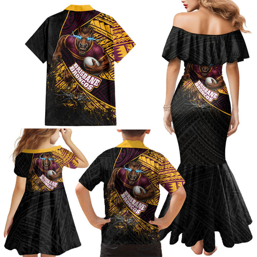 Brisbane Broncos Rugby Family Matching Mermaid Dress and Hawaiian Shirt Tribal Polynesian Power Art - Lightning Mascot