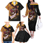 Brisbane Broncos Rugby Family Matching Off The Shoulder Long Sleeve Dress and Hawaiian Shirt Tribal Polynesian Power Art - Lightning Mascot
