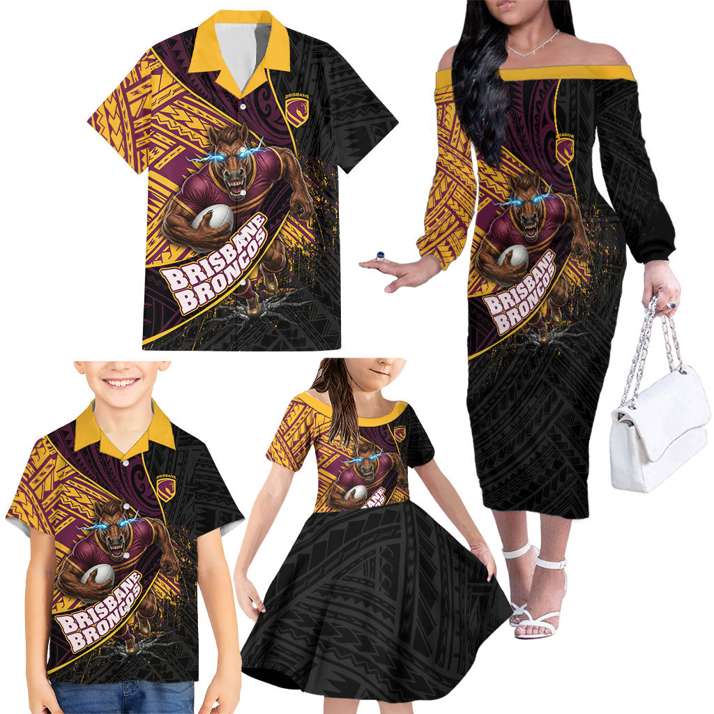 Brisbane Broncos Rugby Family Matching Off The Shoulder Long Sleeve Dress and Hawaiian Shirt Tribal Polynesian Power Art - Lightning Mascot