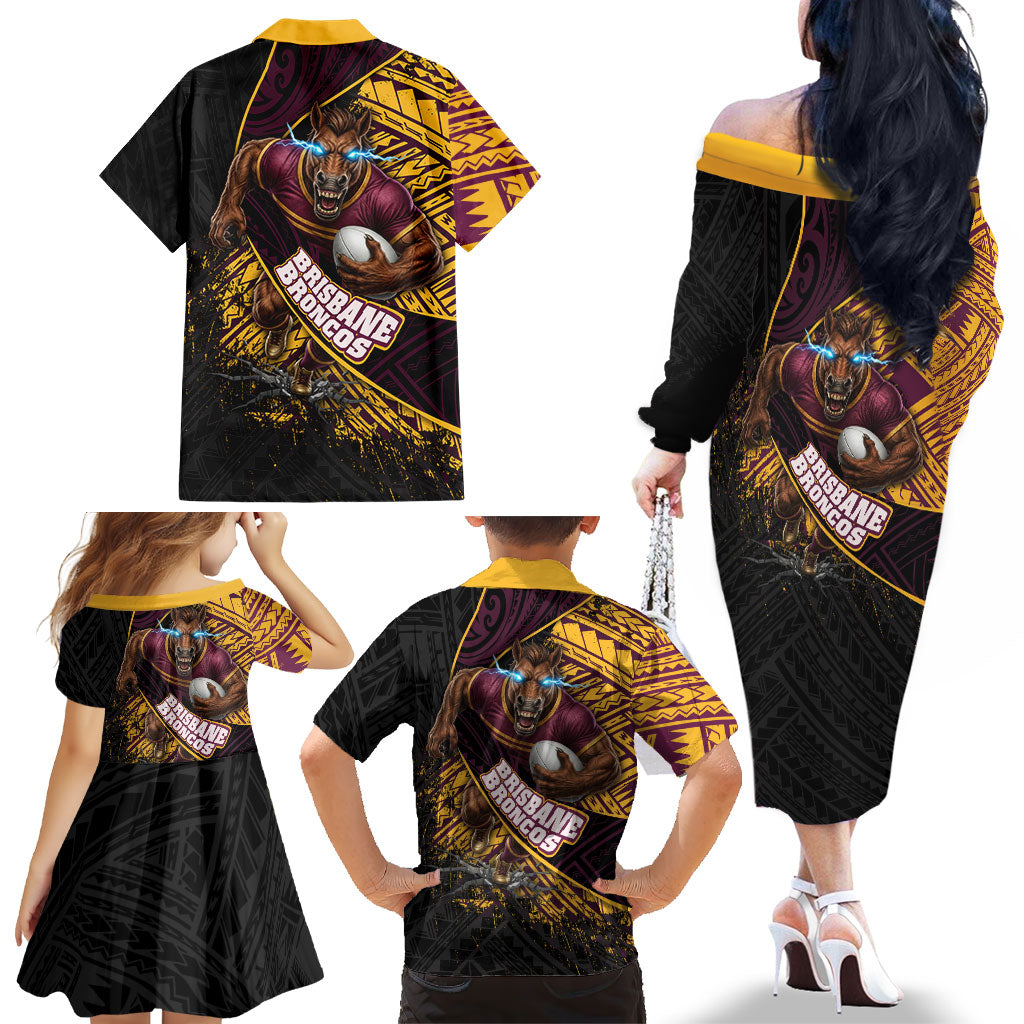 Brisbane Broncos Rugby Family Matching Off The Shoulder Long Sleeve Dress and Hawaiian Shirt Tribal Polynesian Power Art - Lightning Mascot