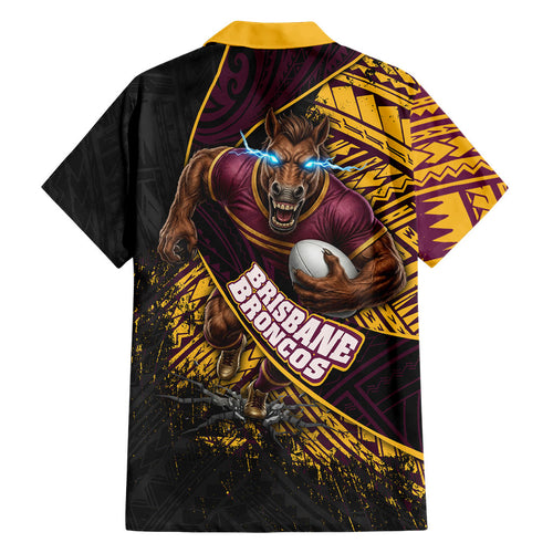 Brisbane Broncos Rugby Family Matching Off The Shoulder Long Sleeve Dress and Hawaiian Shirt Tribal Polynesian Power Art - Lightning Mascot