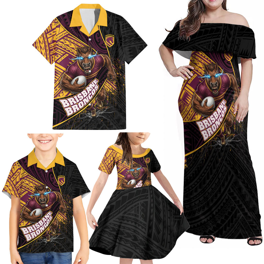 Brisbane Broncos Rugby Family Matching Off Shoulder Maxi Dress and Hawaiian Shirt Tribal Polynesian Power Art - Lightning Mascot