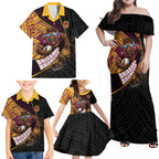 Brisbane Broncos Rugby Family Matching Off Shoulder Maxi Dress and Hawaiian Shirt Tribal Polynesian Power Art - Lightning Mascot