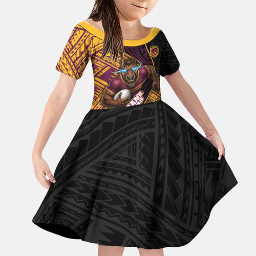Brisbane Broncos Rugby Family Matching Off Shoulder Maxi Dress and Hawaiian Shirt Tribal Polynesian Power Art - Lightning Mascot