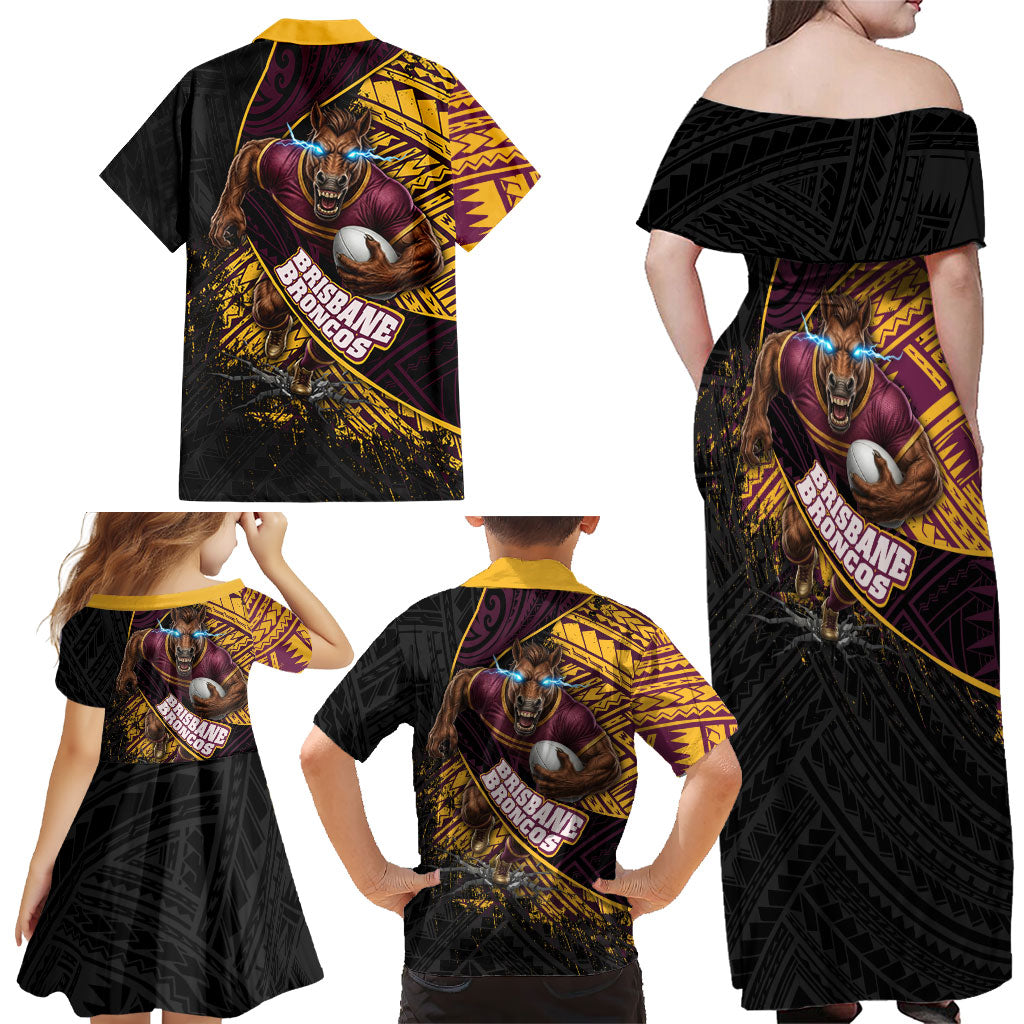 Brisbane Broncos Rugby Family Matching Off Shoulder Maxi Dress and Hawaiian Shirt Tribal Polynesian Power Art - Lightning Mascot