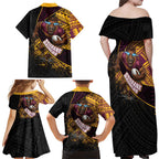 Brisbane Broncos Rugby Family Matching Off Shoulder Maxi Dress and Hawaiian Shirt Tribal Polynesian Power Art - Lightning Mascot