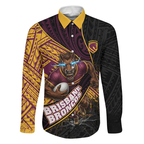 Brisbane Broncos Rugby Family Matching Off Shoulder Maxi Dress and Hawaiian Shirt Tribal Polynesian Power Art - Lightning Mascot