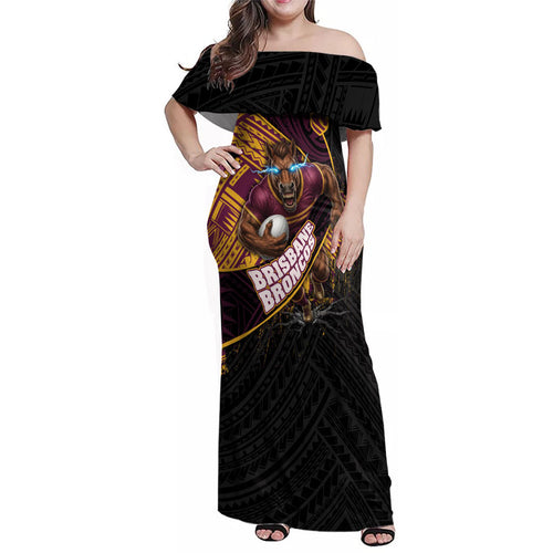 Brisbane Broncos Rugby Family Matching Off Shoulder Maxi Dress and Hawaiian Shirt Tribal Polynesian Power Art - Lightning Mascot