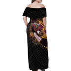 Brisbane Broncos Rugby Family Matching Off Shoulder Maxi Dress and Hawaiian Shirt Tribal Polynesian Power Art - Lightning Mascot