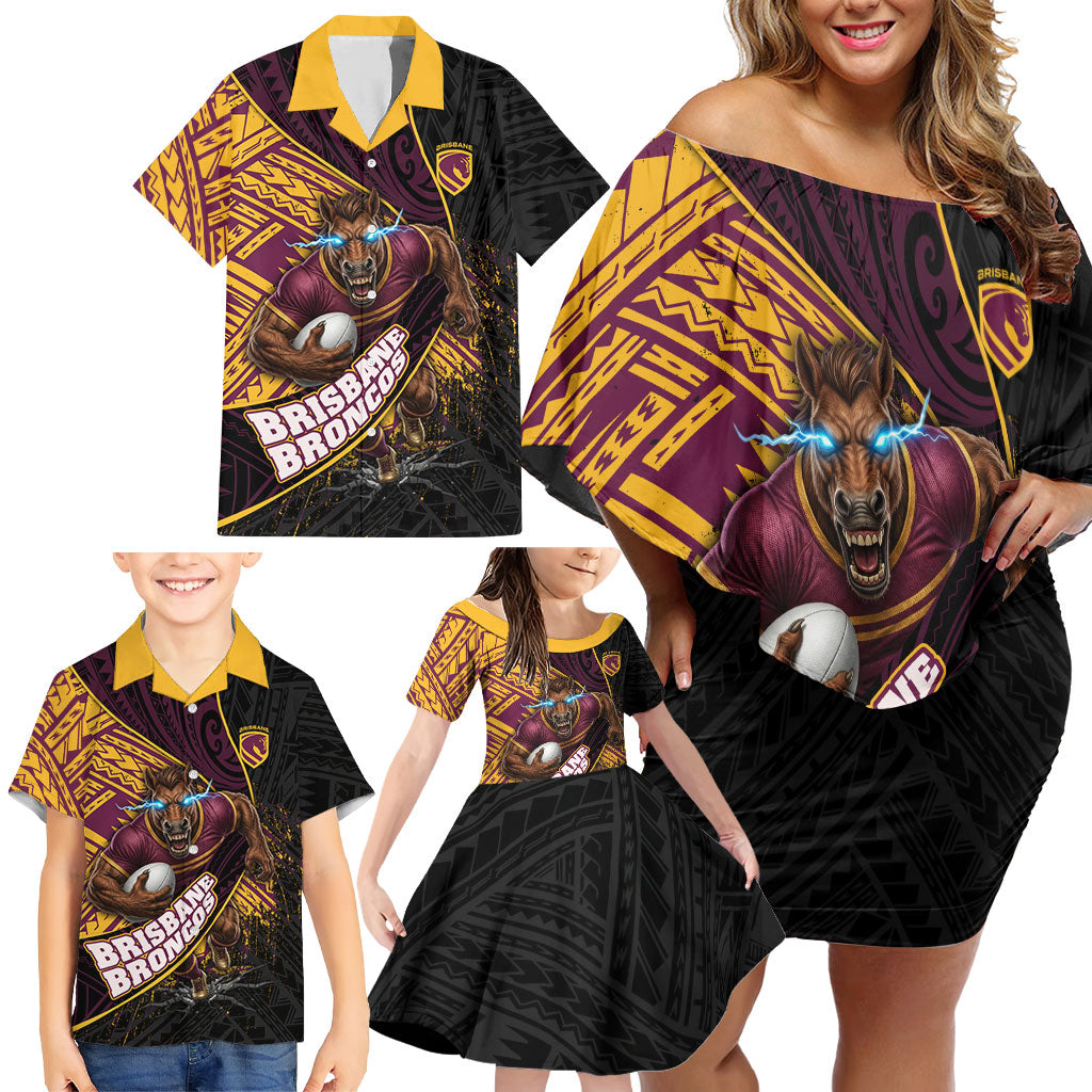 Brisbane Broncos Rugby Family Matching Off Shoulder Short Dress and Hawaiian Shirt Tribal Polynesian Power Art - Lightning Mascot