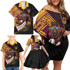 Brisbane Broncos Rugby Family Matching Off Shoulder Short Dress and Hawaiian Shirt Tribal Polynesian Power Art - Lightning Mascot