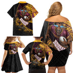 Brisbane Broncos Rugby Family Matching Off Shoulder Short Dress and Hawaiian Shirt Tribal Polynesian Power Art - Lightning Mascot