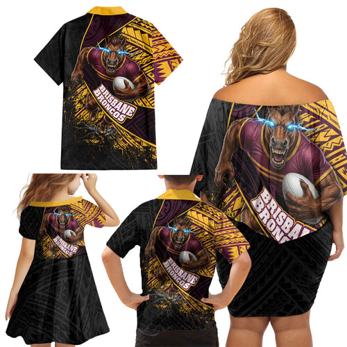 Brisbane Broncos Rugby Family Matching Off Shoulder Short Dress and Hawaiian Shirt Tribal Polynesian Power Art - Lightning Mascot