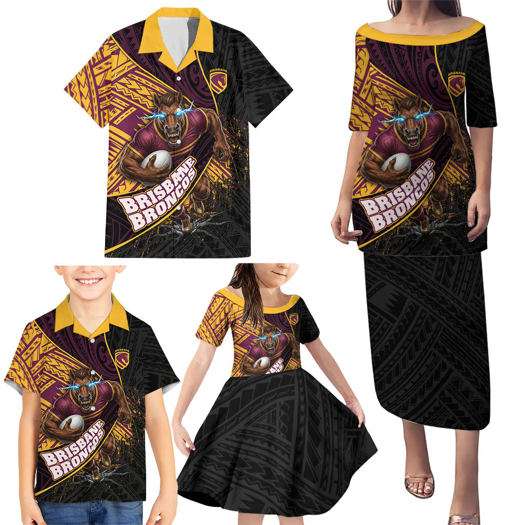 Brisbane Broncos Rugby Family Matching Puletasi and Hawaiian Shirt Tribal Polynesian Power Art - Lightning Mascot