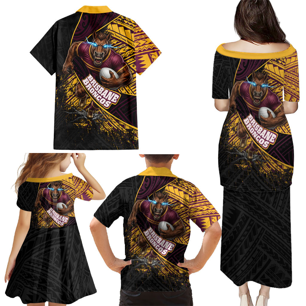 Brisbane Broncos Rugby Family Matching Puletasi and Hawaiian Shirt Tribal Polynesian Power Art - Lightning Mascot