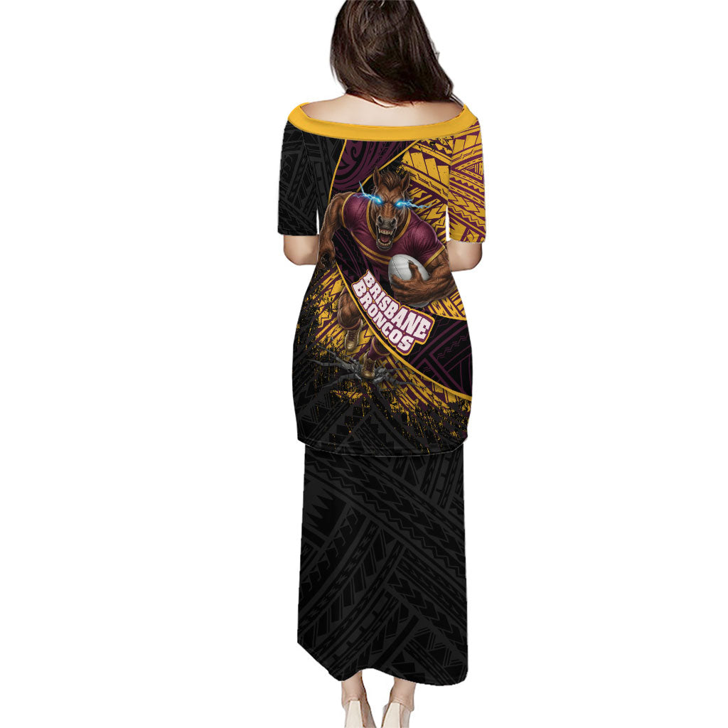 Brisbane Broncos Rugby Family Matching Puletasi and Hawaiian Shirt Tribal Polynesian Power Art - Lightning Mascot