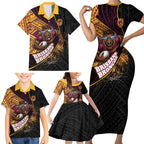Brisbane Broncos Rugby Family Matching Short Sleeve Bodycon Dress and Hawaiian Shirt Tribal Polynesian Power Art - Lightning Mascot
