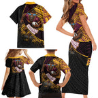 Brisbane Broncos Rugby Family Matching Short Sleeve Bodycon Dress and Hawaiian Shirt Tribal Polynesian Power Art - Lightning Mascot