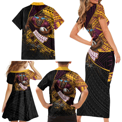 Brisbane Broncos Rugby Family Matching Short Sleeve Bodycon Dress and Hawaiian Shirt Tribal Polynesian Power Art - Lightning Mascot