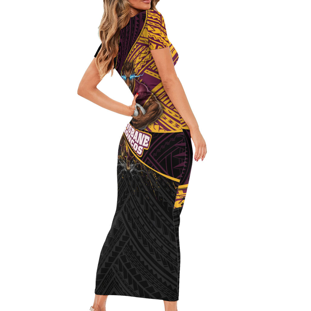 Brisbane Broncos Rugby Family Matching Short Sleeve Bodycon Dress and Hawaiian Shirt Tribal Polynesian Power Art - Lightning Mascot