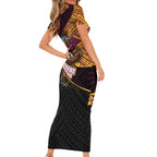 Brisbane Broncos Rugby Family Matching Short Sleeve Bodycon Dress and Hawaiian Shirt Tribal Polynesian Power Art - Lightning Mascot