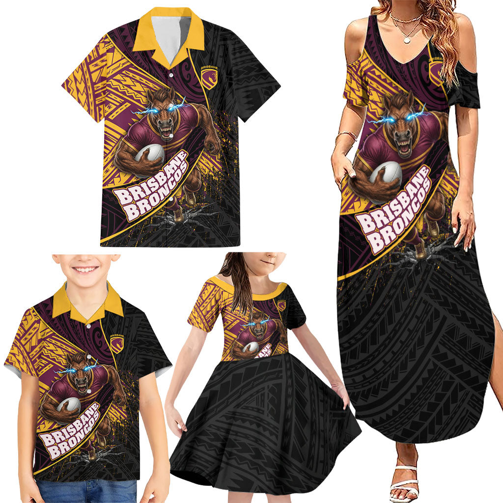 Brisbane Broncos Rugby Family Matching Summer Maxi Dress and Hawaiian Shirt Tribal Polynesian Power Art - Lightning Mascot