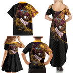 Brisbane Broncos Rugby Family Matching Summer Maxi Dress and Hawaiian Shirt Tribal Polynesian Power Art - Lightning Mascot