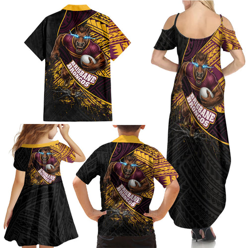 Brisbane Broncos Rugby Family Matching Summer Maxi Dress and Hawaiian Shirt Tribal Polynesian Power Art - Lightning Mascot