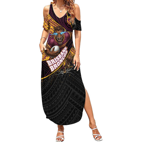 Brisbane Broncos Rugby Family Matching Summer Maxi Dress and Hawaiian Shirt Tribal Polynesian Power Art - Lightning Mascot