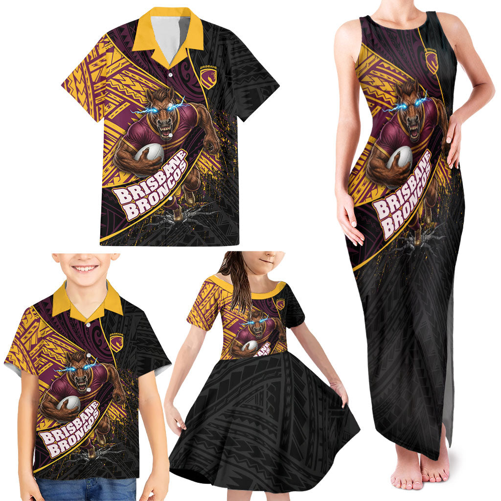 Brisbane Broncos Rugby Family Matching Tank Maxi Dress and Hawaiian Shirt Tribal Polynesian Power Art - Lightning Mascot