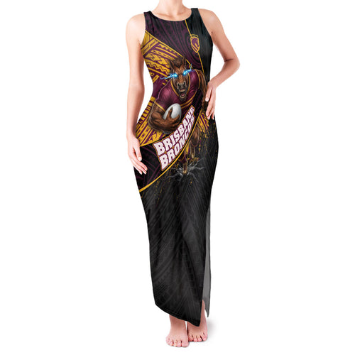 Brisbane Broncos Rugby Family Matching Tank Maxi Dress and Hawaiian Shirt Tribal Polynesian Power Art - Lightning Mascot
