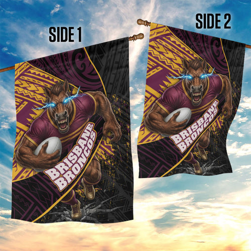 Brisbane Broncos Rugby Garden Flag Tribal Polynesian Power Art - Lightning Mascot