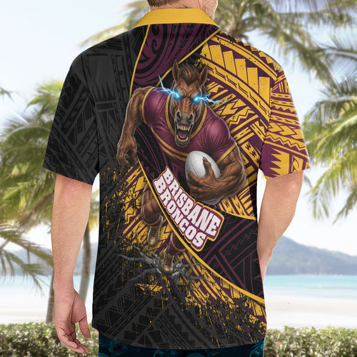 Brisbane Broncos Rugby Hawaiian Shirt Tribal Polynesian Power Art - Lightning Mascot