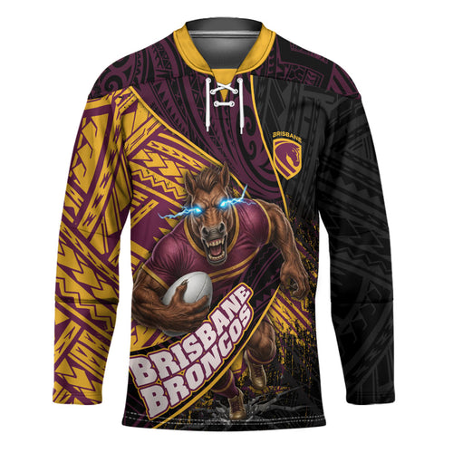 Brisbane Broncos Rugby Hockey Jersey Tribal Polynesian Power Art - Lightning Mascot