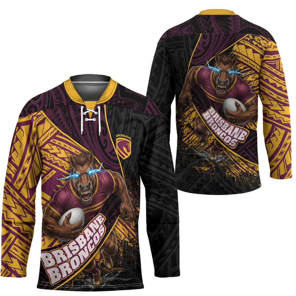 Brisbane Broncos Rugby Hockey Jersey Tribal Polynesian Power Art - Lightning Mascot