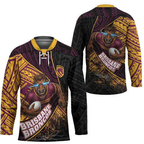 Brisbane Broncos Rugby Hockey Jersey Tribal Polynesian Power Art - Lightning Mascot