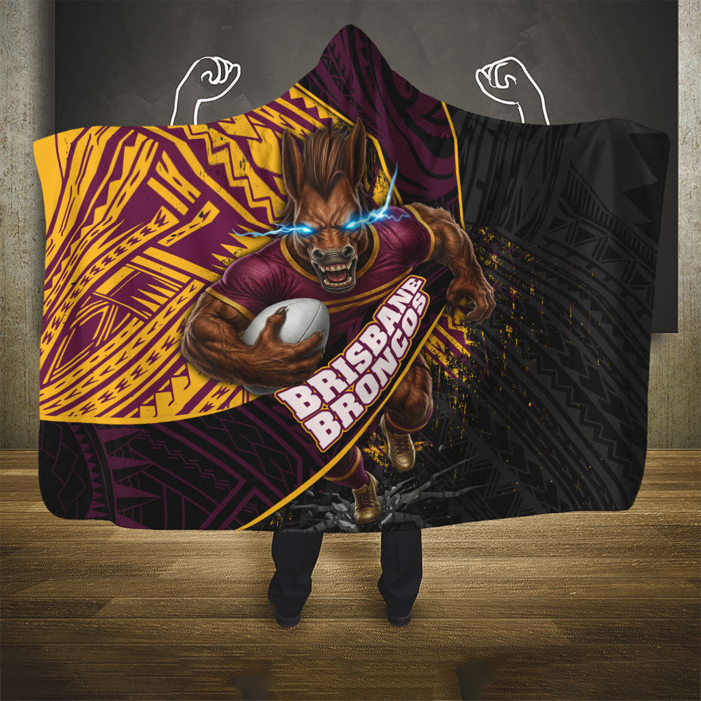 Brisbane Broncos Rugby Hooded Blanket Tribal Polynesian Power Art - Lightning Mascot