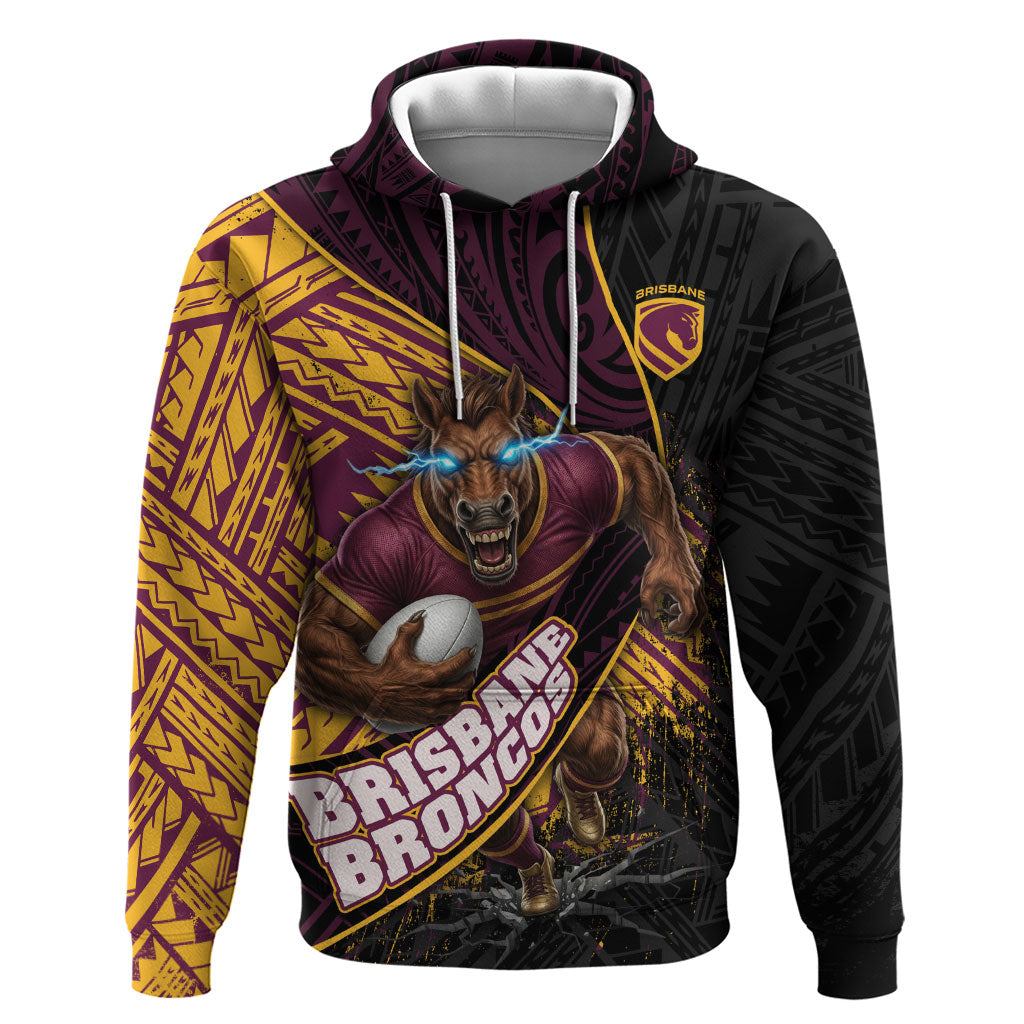 Brisbane Broncos Rugby Hoodie Tribal Polynesian Power Art - Lightning Mascot