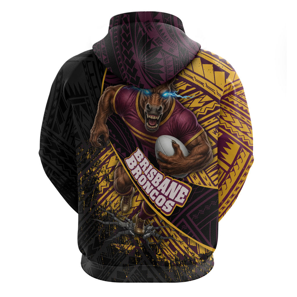 Brisbane Broncos Rugby Hoodie Tribal Polynesian Power Art - Lightning Mascot