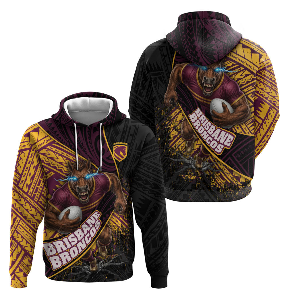Brisbane Broncos Rugby Hoodie Tribal Polynesian Power Art - Lightning Mascot