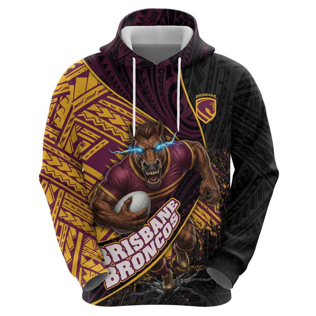 Brisbane Broncos Rugby Hoodie Tribal Polynesian Power Art - Lightning Mascot
