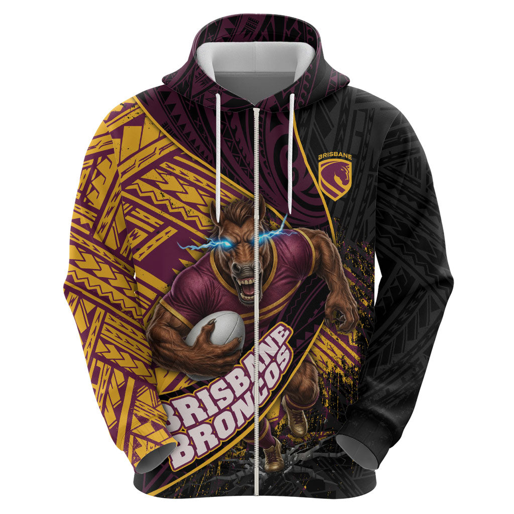 Brisbane Broncos Rugby Hoodie Tribal Polynesian Power Art - Lightning Mascot