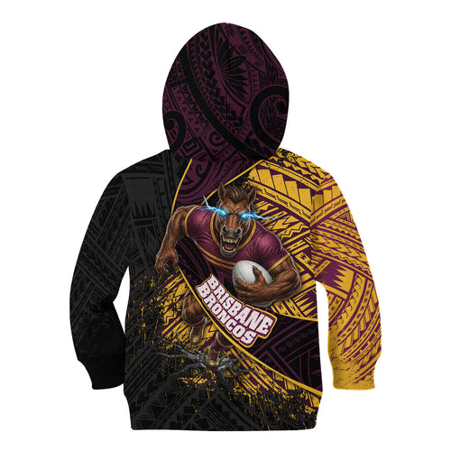 Brisbane Broncos Rugby Kid Hoodie Tribal Polynesian Power Art - Lightning Mascot