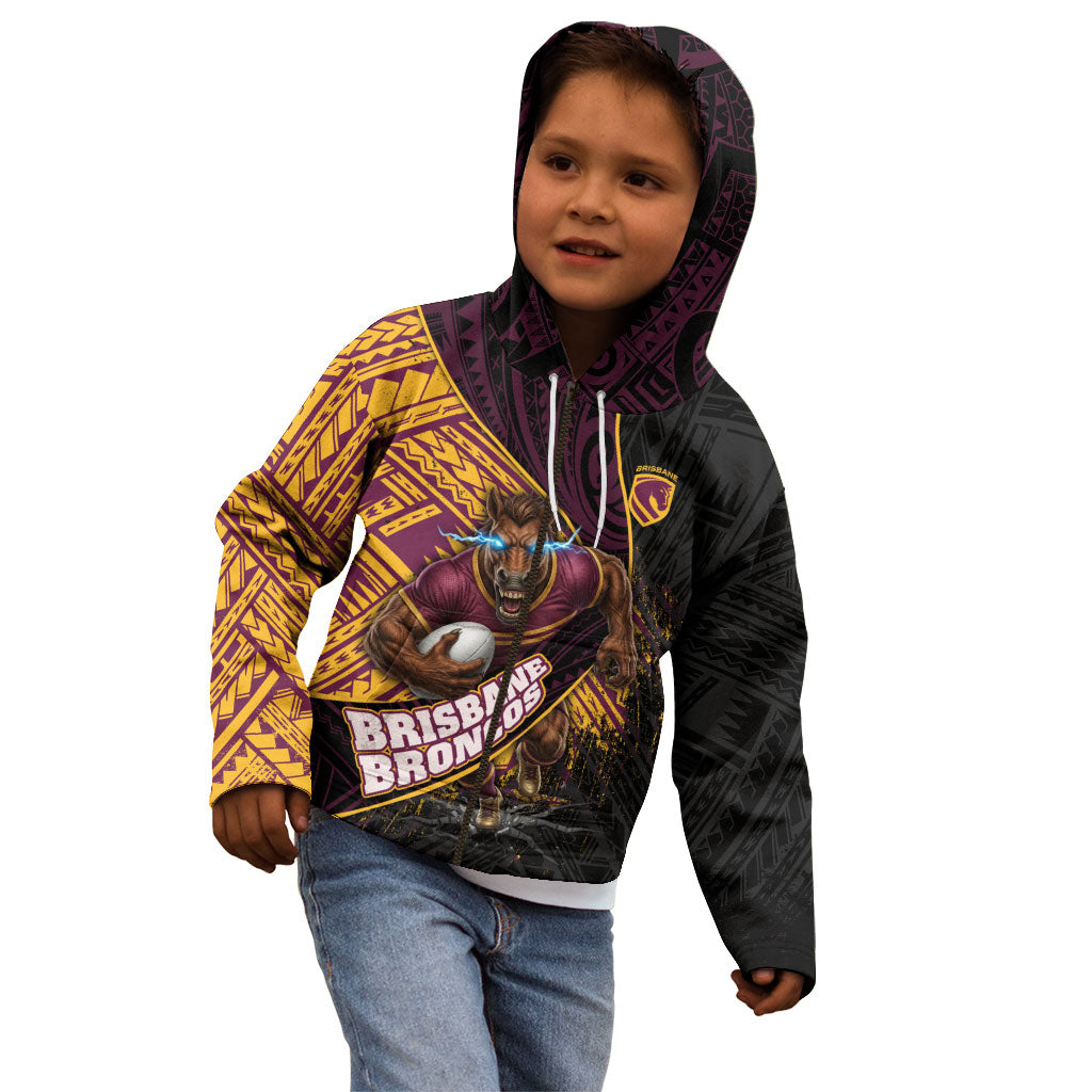 Brisbane Broncos Rugby Kid Hoodie Tribal Polynesian Power Art - Lightning Mascot
