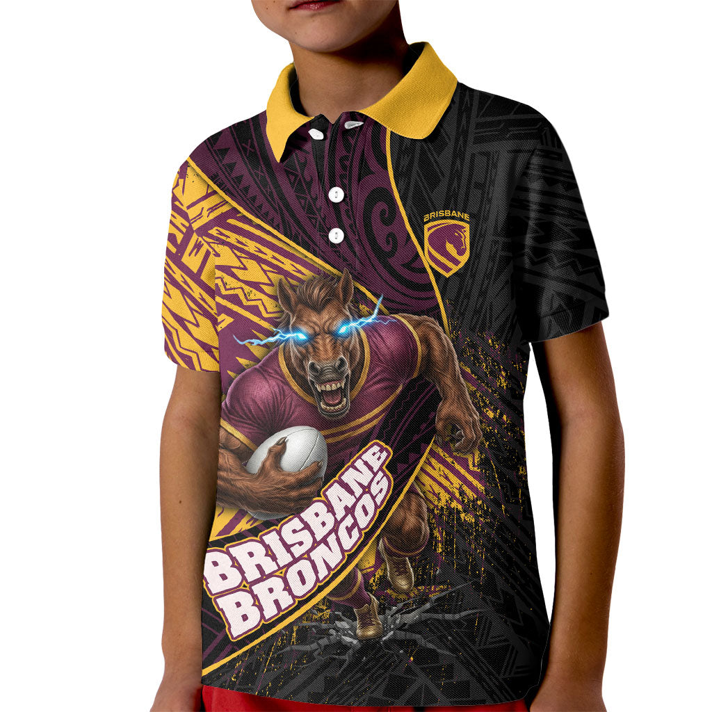 Brisbane Broncos Rugby Kid Polo Shirt Tribal Polynesian Power Art - Lightning Mascot
